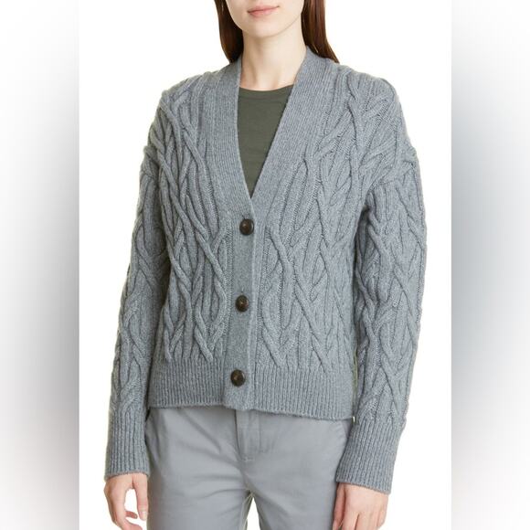 Vince Gray Cable Knit Merino Wool Cardigan Sweater Size L New Retails $495 - Picture 1 of 5